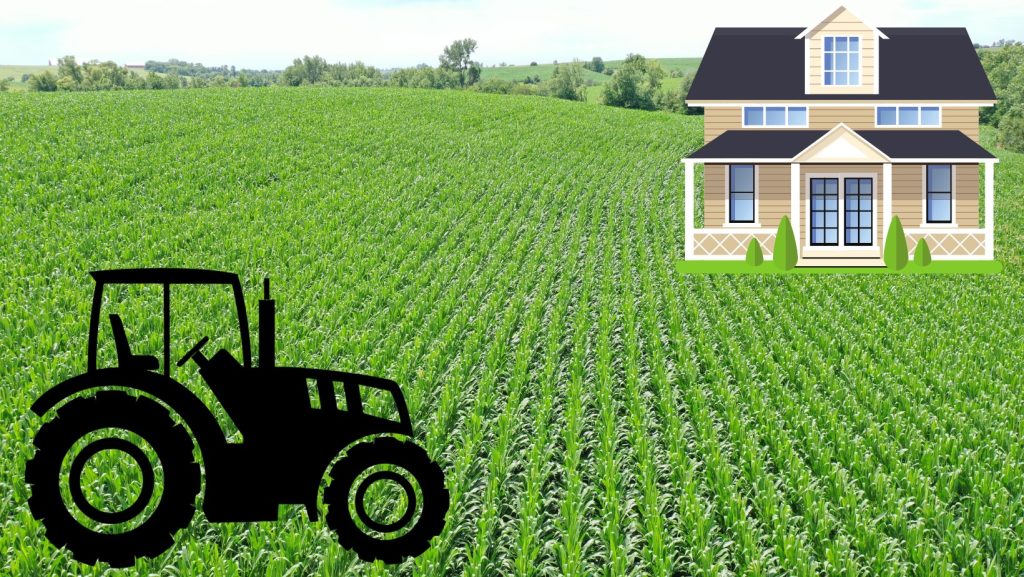 A graphic showing a tractor silhouette and a house positioned over a farmland background, symbolizing selling land and personal property together.