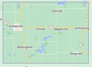 Map showing Emmet County, Iowa with major towns including Estherville, Armstrong, Ringsted, and Gruver.
