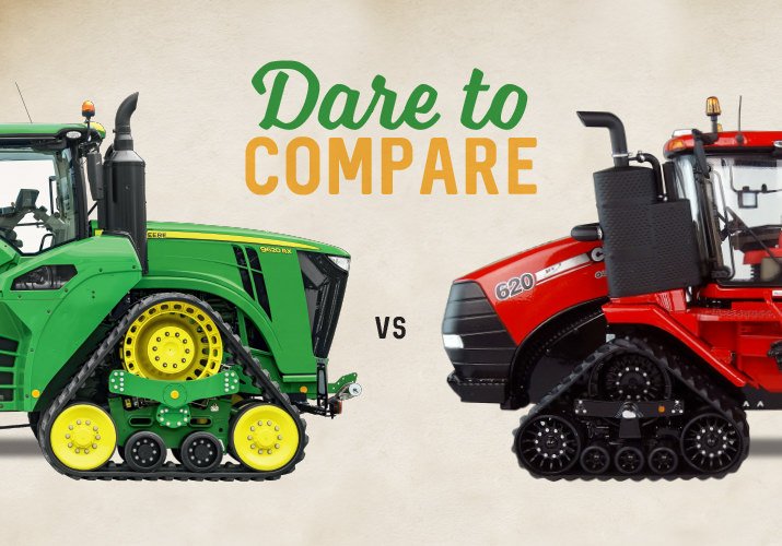 John Deere and Case tracked tractors facing each other in a side-by-side comparison
