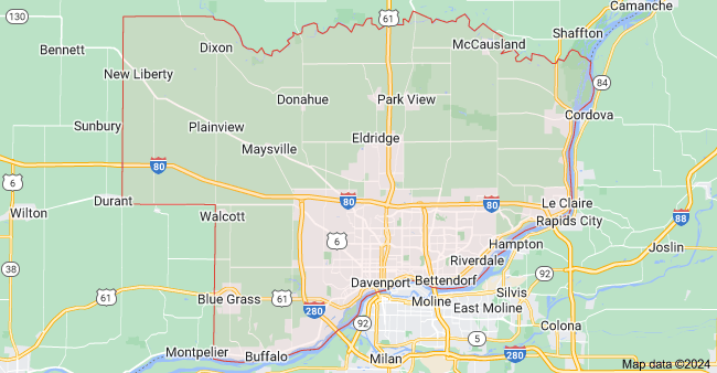 Outline map showing Scott County, Iowa, including Davenport, Bettendorf, and surrounding communities.