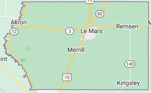 Outline map showing Plymouth County, Iowa with major towns and highways labeled.