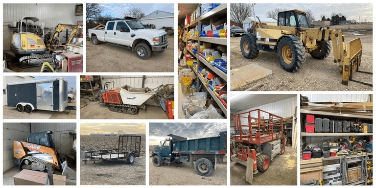 Construction equipment, vehicles, trailers, and tools available at a Hampton, Iowa auction