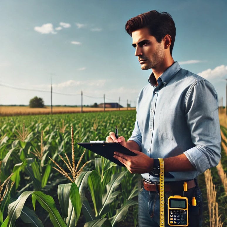 Appraiser evaluating farmland with clipboard and measuring tools during a property assessment in Iowa