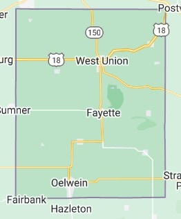 Fayette County Iowa map showing major towns and highways.
