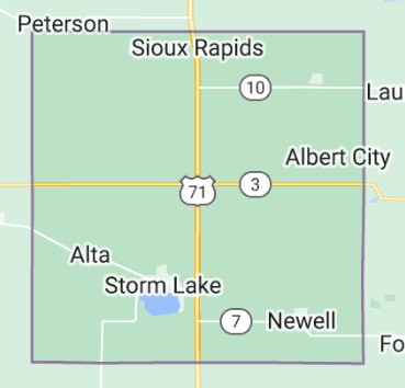 Outline map showing Buena Vista County, Iowa with towns such as Storm Lake, Alta, Sioux Rapids, Newell, and Albert City labeled.