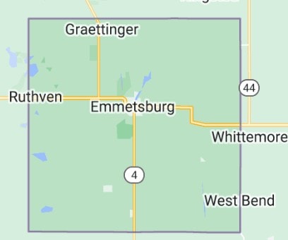 Map of Palo Alto County, Iowa outlining major towns including Emmetsburg, Graettinger, Ruthven, and West Bend.