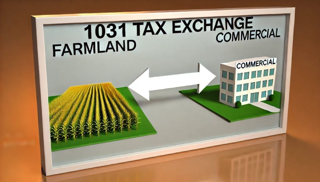 Illustration showing a 1031 tax exchange with farmland being traded for a commercial property, represented by arrows between the two assets.