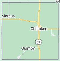 Outline map showing Cherokee County, Iowa with major towns and highways labeled.