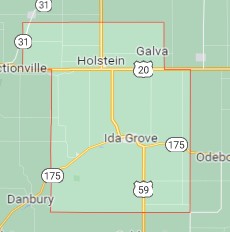 Ida County Iowa map showing Ida Grove, Holstein, Galva, Danbury, and nearby farmland areas.