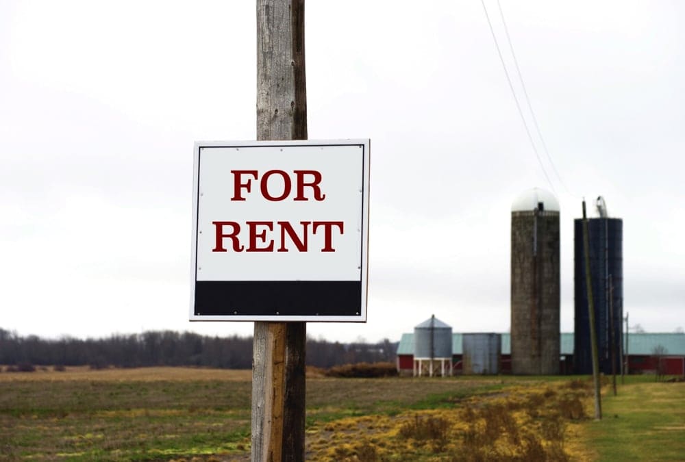 For Rent sign on an Iowa farmland property representing farmland leasing opportunities for landowners