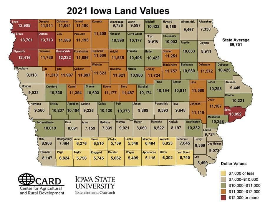 2021 Iowa land values map showing average farmland values by county based on ISU CARD survey data.