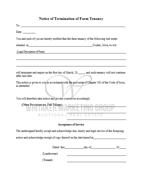 Iowa Notice of Termination of Farm Tenancy form showing required fields for ending a farm lease.