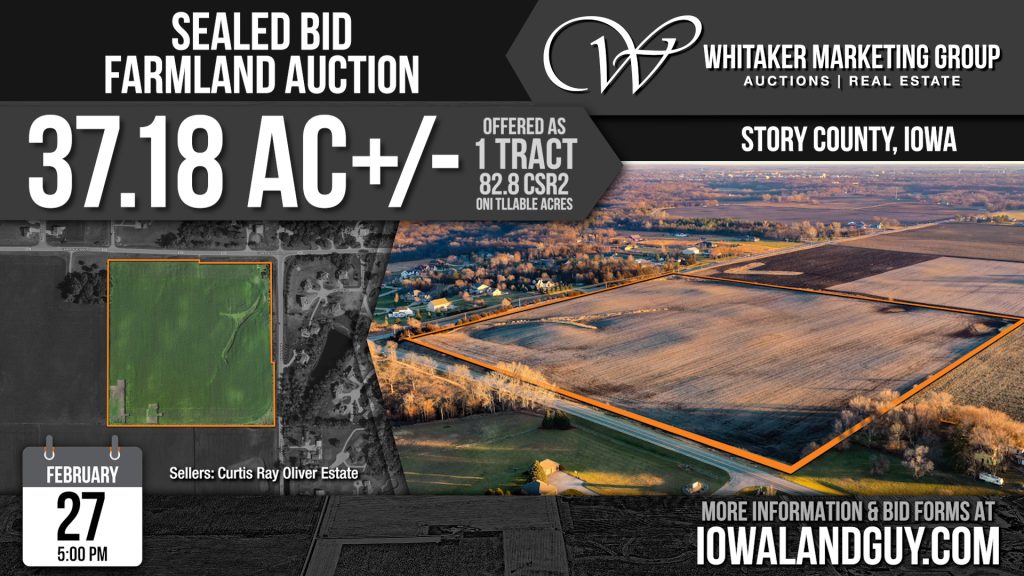 Aerial view of Story County Iowa farmland promoted for a sealed bid auction by Whitaker Marketing Group, showing 37.18 acres outlined in orange.