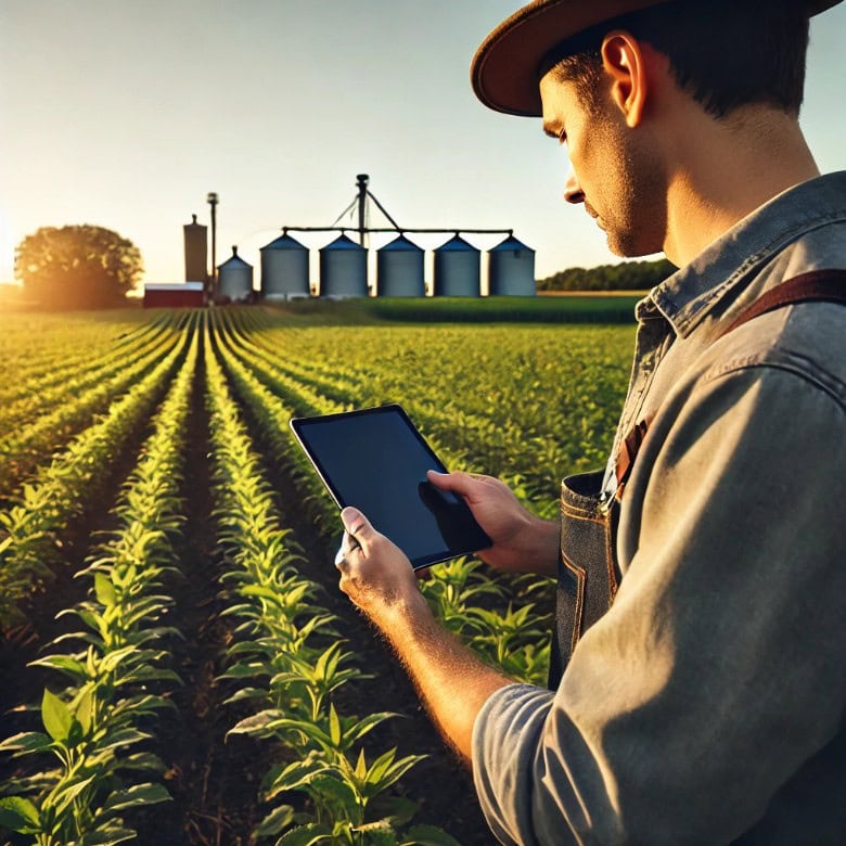 Farmer using a tablet to track commodity prices and crop data while standing in a row-crop field at sunrise.