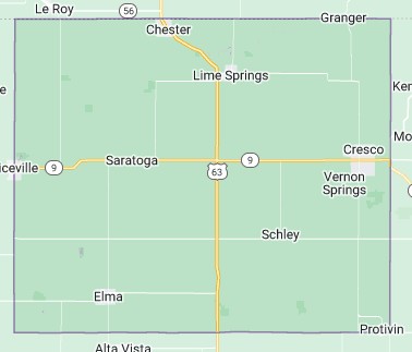 Road map of Howard County, Iowa, showing towns including Chester, Lime Springs, Cresco, Elma, Saratoga, Schley, Vernon Springs, and Protivin, with major routes such as Highway 9 and U.S. 63.