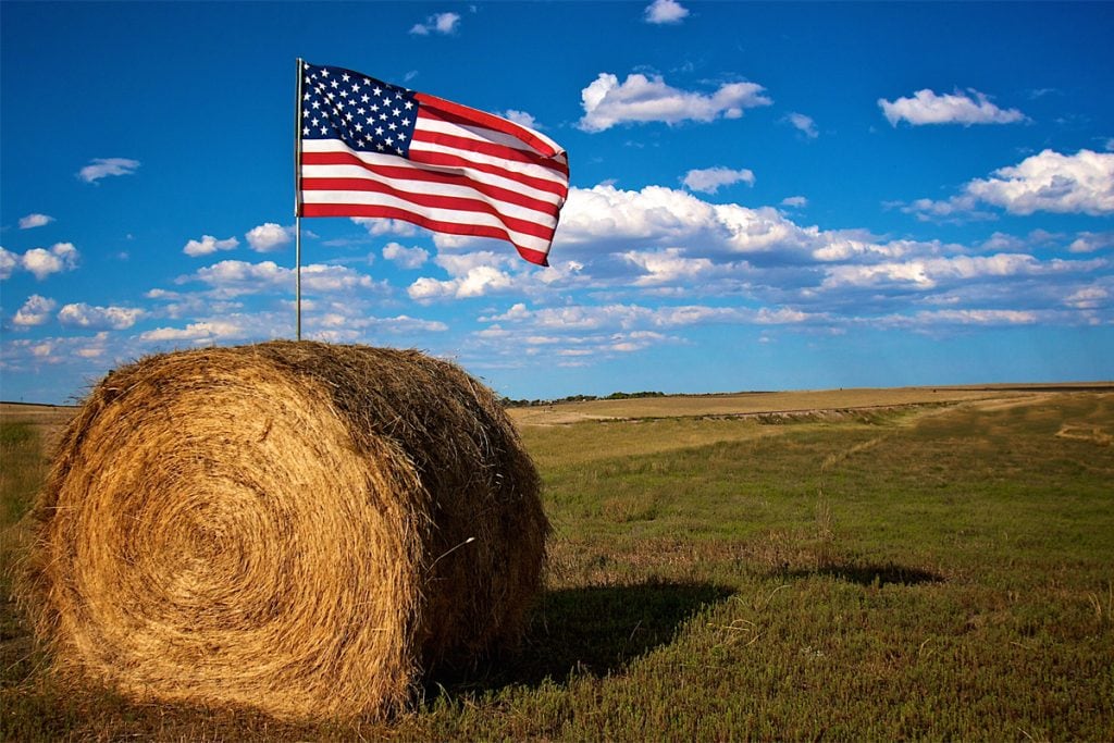 American flag displayed on a hay bale in an open field, representing U.S. agriculture and farm bill policy