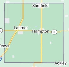 Map of Franklin County, Iowa showing town locations including Hampton, Latimer, Sheffield, and Dows.