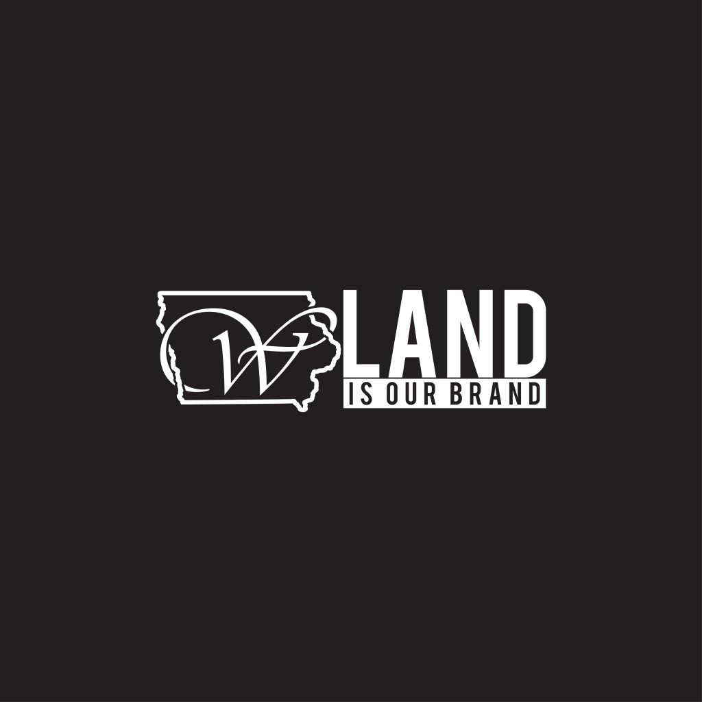 Whitaker Marketing Group logo featuring the outline of Iowa and the slogan “Land Is Our Brand” on a black background.