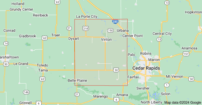 Map of Benton County Iowa showing towns, highways, and surrounding areas