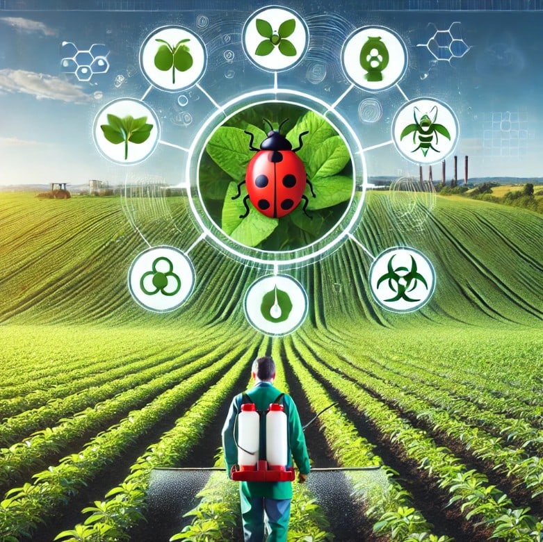 Farmer in a crop field using pest control technology with icons representing insects, biological controls, and IPM methods.