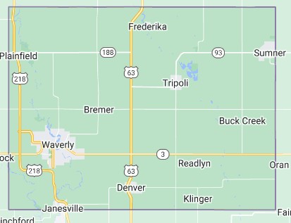 Map of Bremer County, Iowa showing Waverly, Denver, Tripoli, Readlyn, Plainfield, and Frederika.