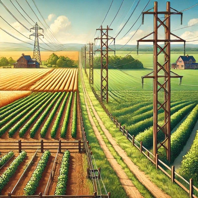 Utility easement with power lines running through farmland beside crop fields and rural homes, illustrating how easements affect land use.