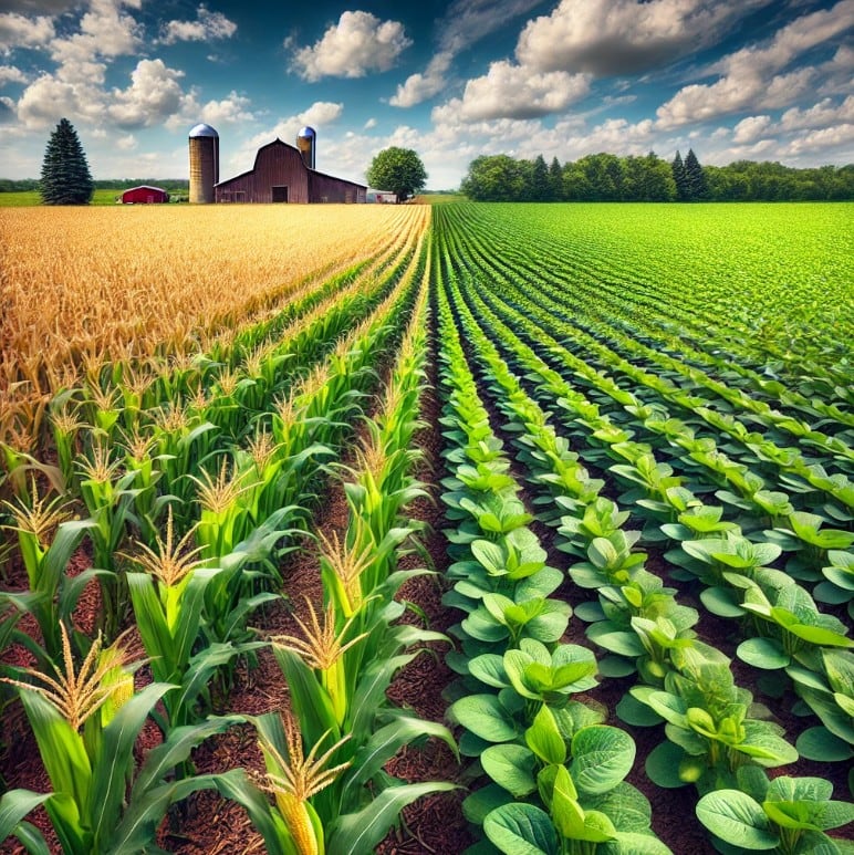 Side-by-side rows of corn and soybeans growing on a Midwest farm with a barn and silos in the background under a bright summer sky.
