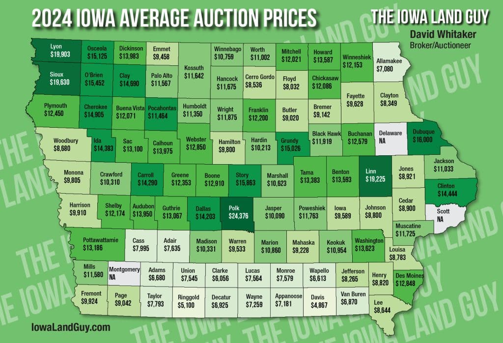 County-by-county map showing the 2024 Iowa average auction prices per acre, highlighting top-performing counties like Polk, Linn, and Dallas.
