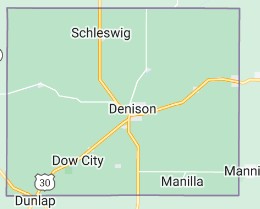 Map of Crawford County Iowa showing Denison, Schleswig, Dow City, and Manilla.