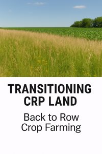 Tall grass CRP land transitioning back into productive row crop farmland under a clear blue sky.