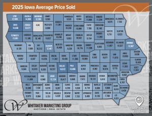 2025 Iowa farmland average price sold per acre by county map showing statewide land values