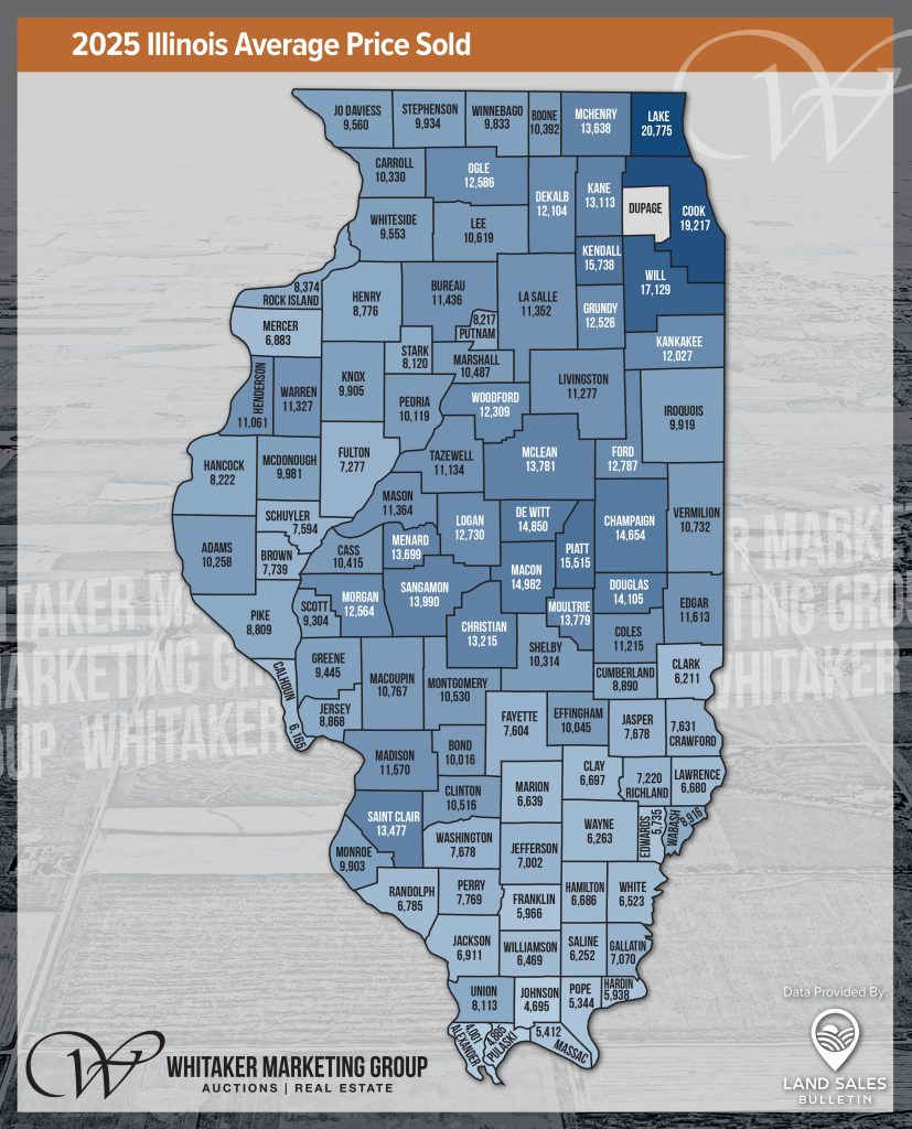 2025 Illinois average farmland price per acre map showing county-by-county land values across the state