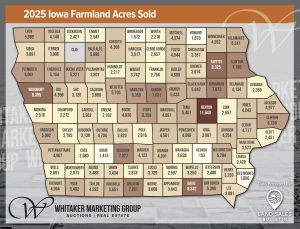 Map showing total farmland acres sold by county across Iowa in 2025