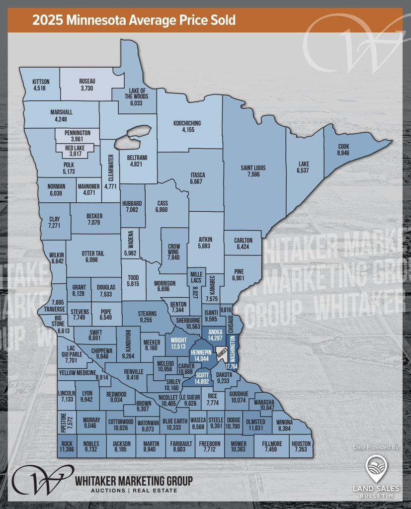 2025 Minnesota average farmland price per acre map showing county-by-county land values across the state