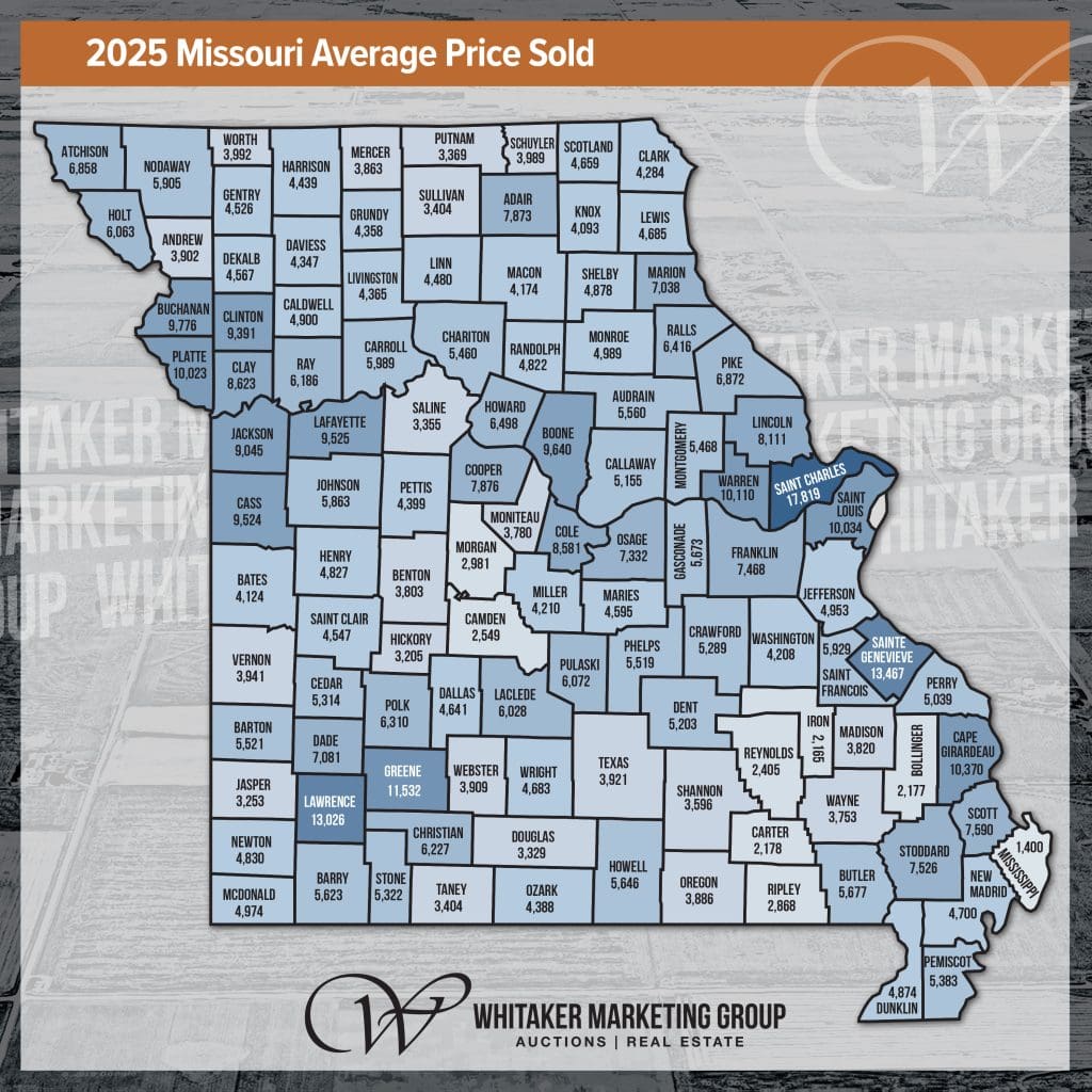 2025 Missouri average farmland price per acre map showing county-by-county land values across the state