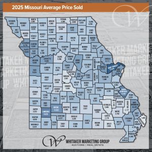 2025 Missouri average farmland price per acre map showing county-by-county land values across the state