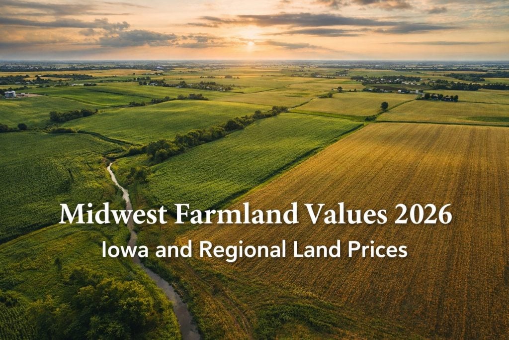 Midwest farmland values 2026 showing Iowa and regional cropland from aerial view