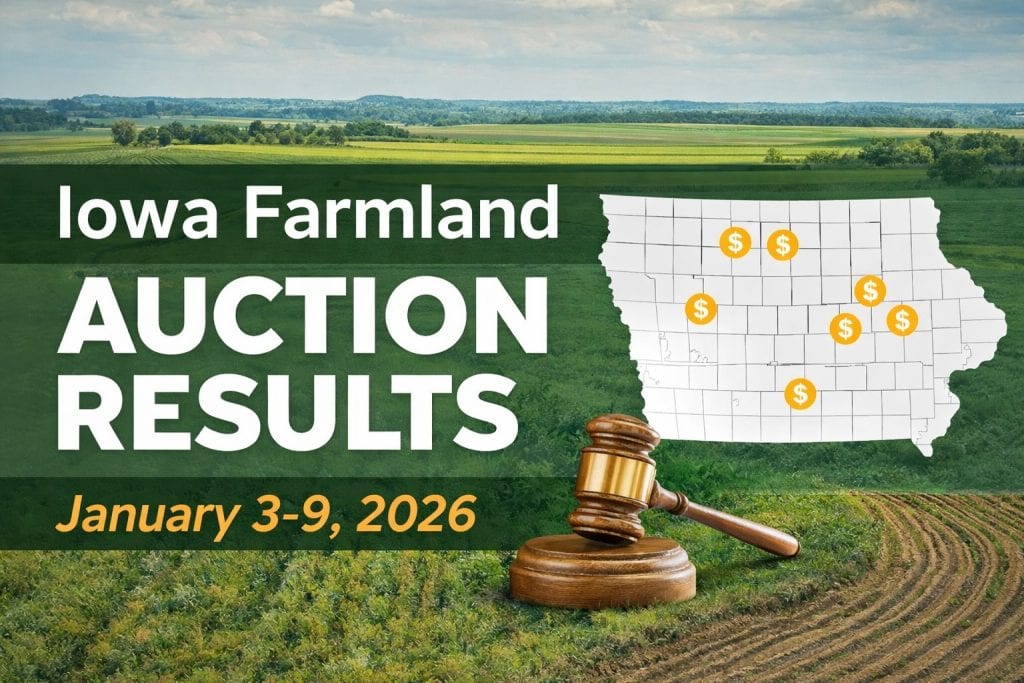Graphic showing Iowa farmland auction results with a statewide map and farmland background, highlighting the date range January 3–9, 2026