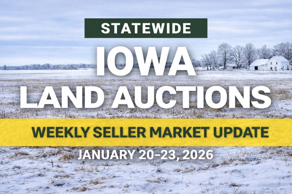Statewide Iowa land auctions graphic showing winter farmland with weekly seller market update and January 20–23, 2026 date range