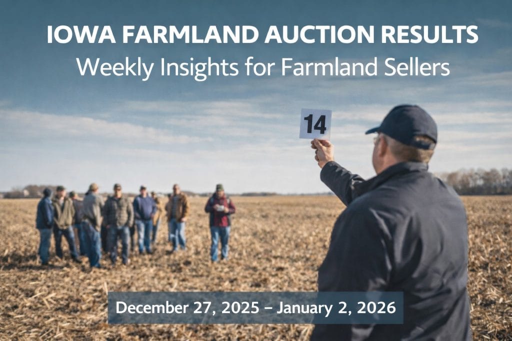 Auctioneer holding a bid card during an Iowa farmland auction, representing weekly farmland auction results and buyer activity
