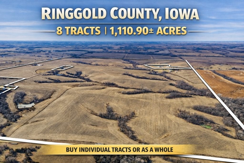 Featured aerial graphic for Ringgold County, Iowa showing outlined farm tracts with text: “Ringgold County, Iowa — 8 Tracts | 1,110.90± Acres” and “Buy Individual Tracts or as a Whole.”