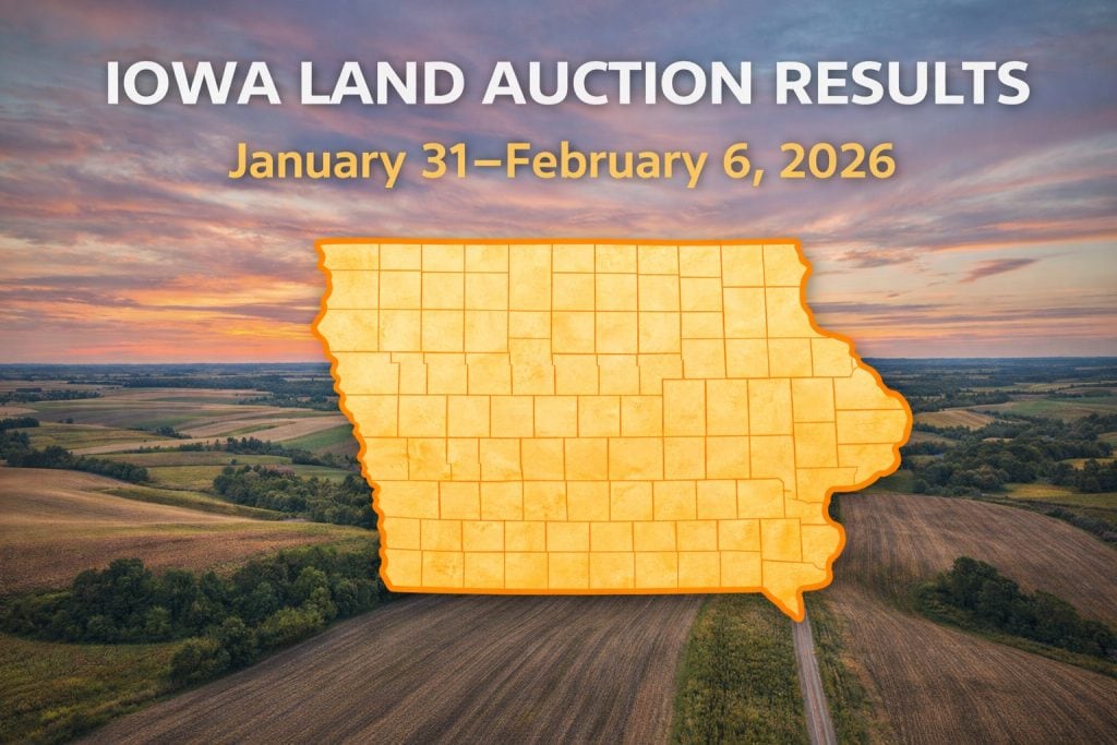 Iowa land auction results featured image showing statewide Iowa farmland with date range January 31–February 6, 2026