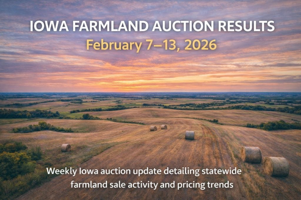 Iowa farmland auction results table from February 7–13, 2026 showing counties, acres sold, price per acre, CSR2, and tillable acreage