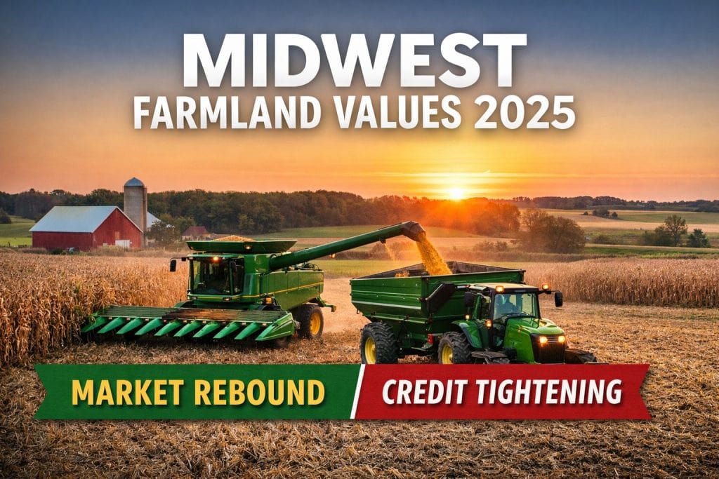 Featured image for a Midwest farmland market update showing a combine and grain cart harvesting corn at sunset with text about Midwest farmland values in 2025, market rebound, and credit tightening.