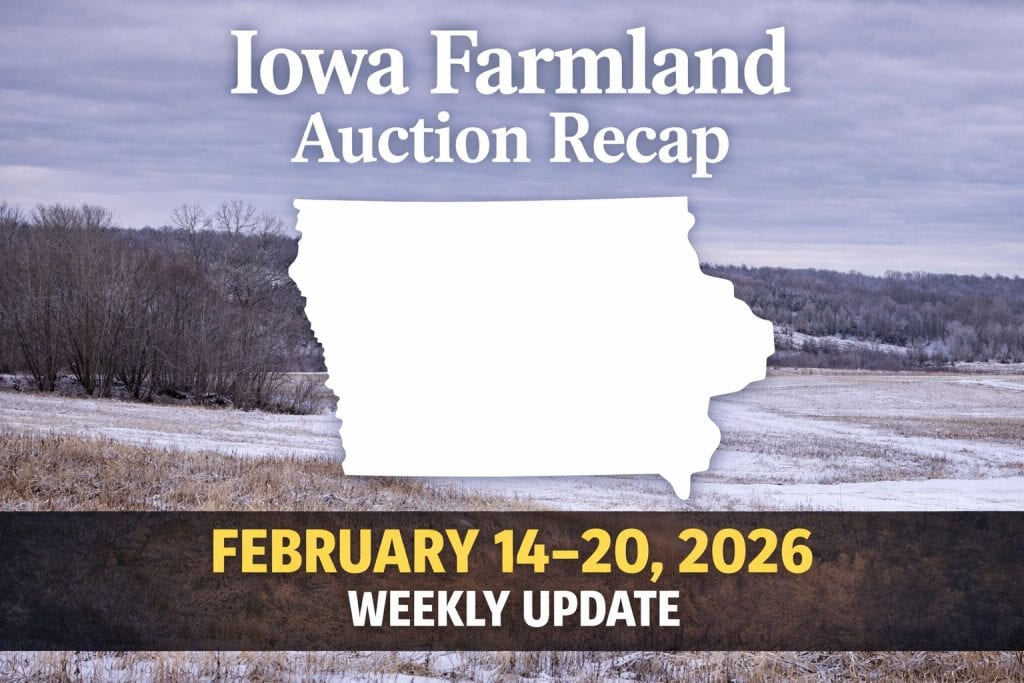 Featured image for Iowa farmland auction recap showing February 14–20, 2026 weekly update over a winter Iowa landscape