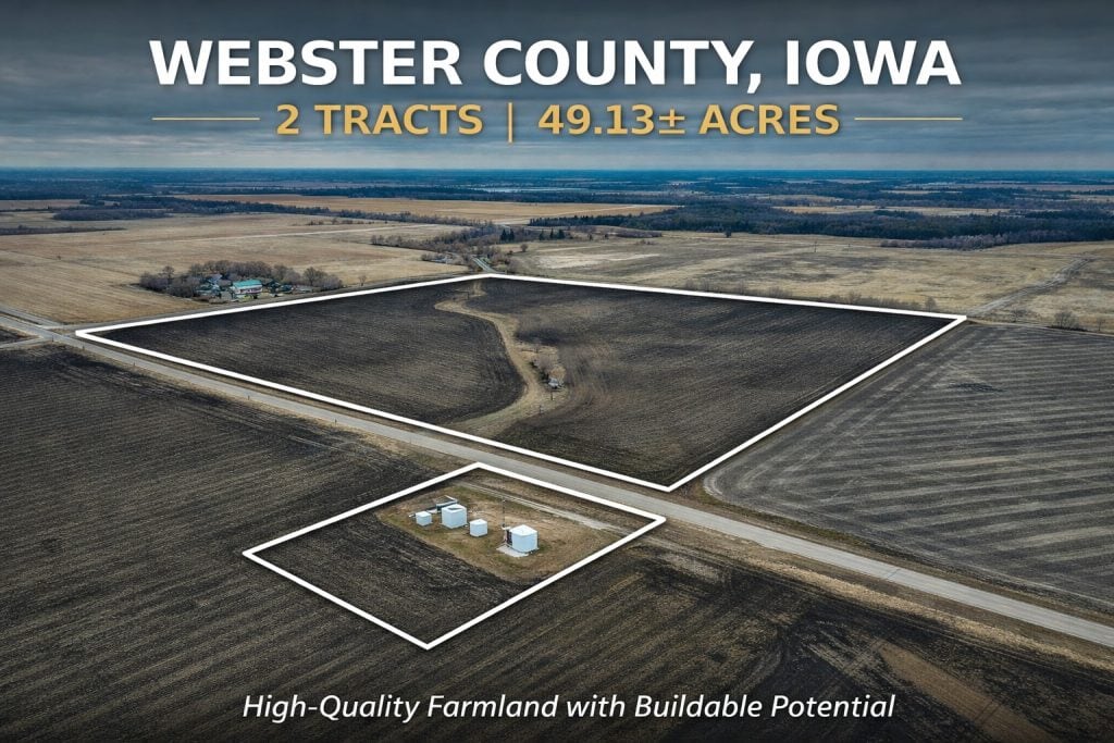 Featured aerial image of Webster County Iowa farmland with white boundary lines outlining two tracts totaling 49.13± acres.