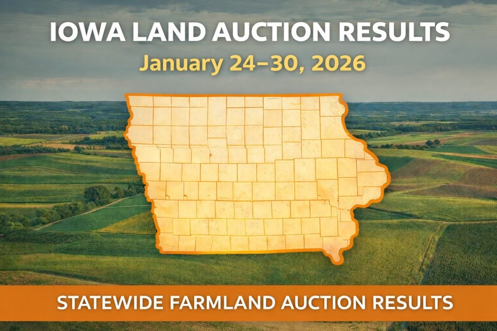 Iowa Land Auction Results graphic showing statewide Iowa farmland auction activity for January 24–30, 2026