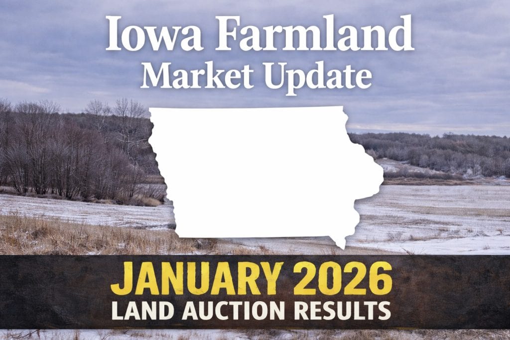 Iowa farmland market update image showing January 2026 land auction results across Iowa