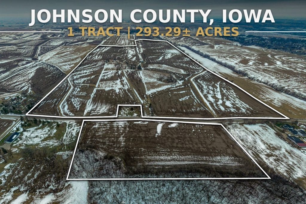 Johnson County land for sale boundary aerial showing 293.29± acres offered as one tract near Iowa City, Iowa