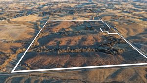 Drone aerial of Ringgold County Iowa land with white boundary outline showing the full tract along a paved road and rolling terrain.